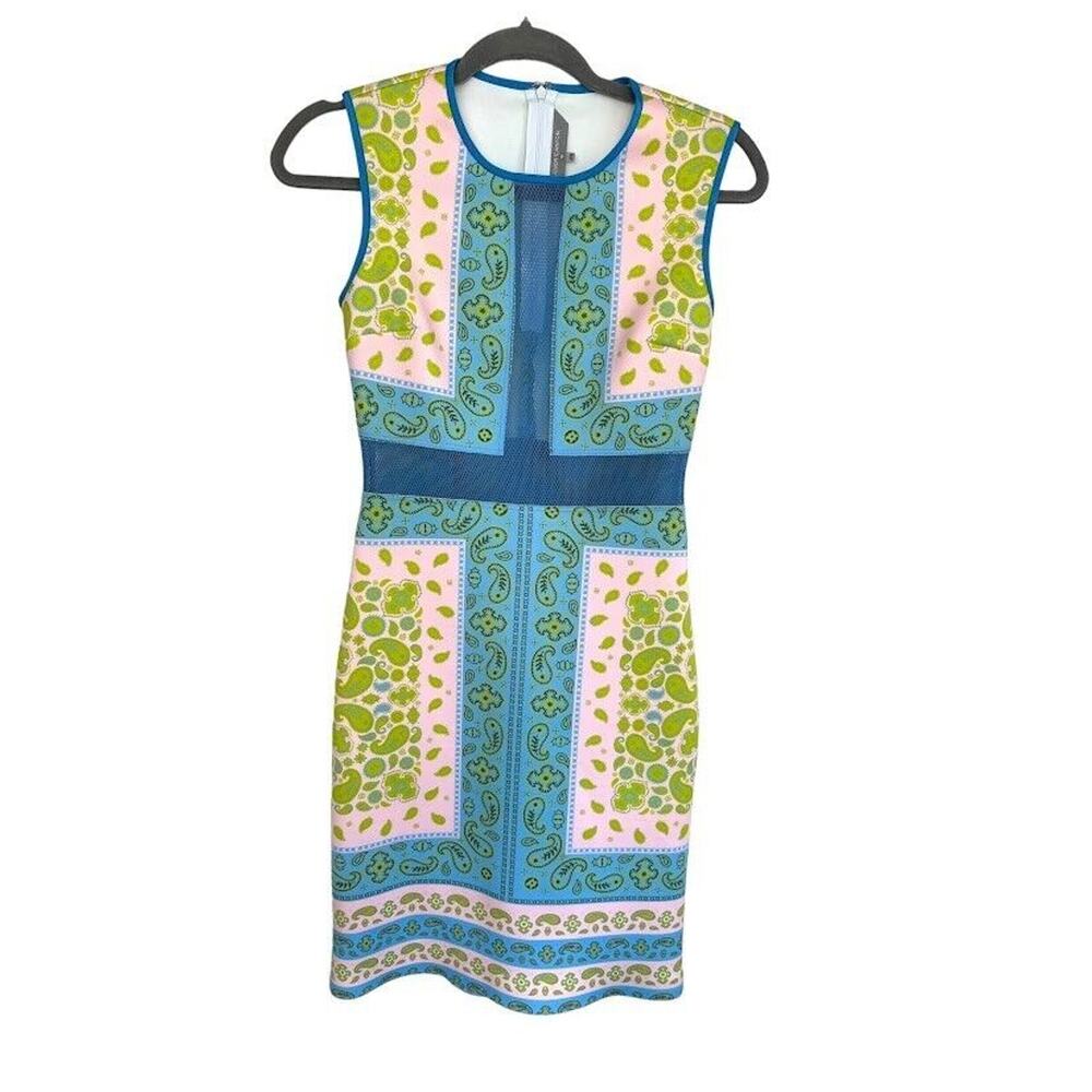 Clover Canyon Scuba Sheath Tank Sleeveless Dress Mesh Paisley Size XS Pink Blue